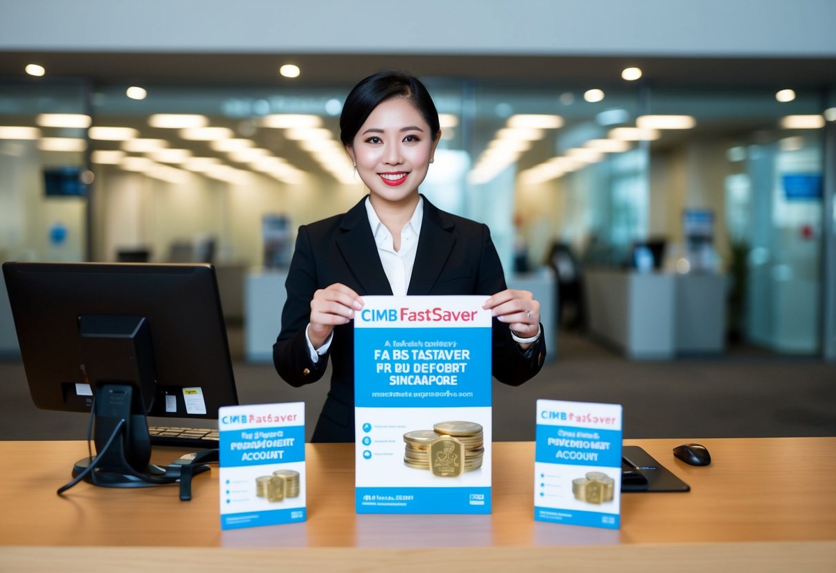 A bank teller presenting promotional materials for CIMB FastSaver USD fixed deposit account in Singapore