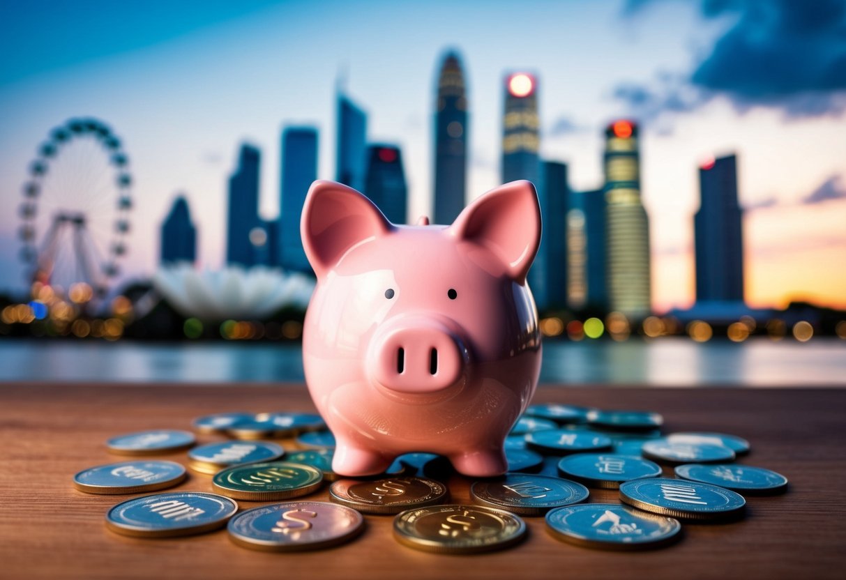 A piggy bank surrounded by Singaporean landmarks and currency symbols