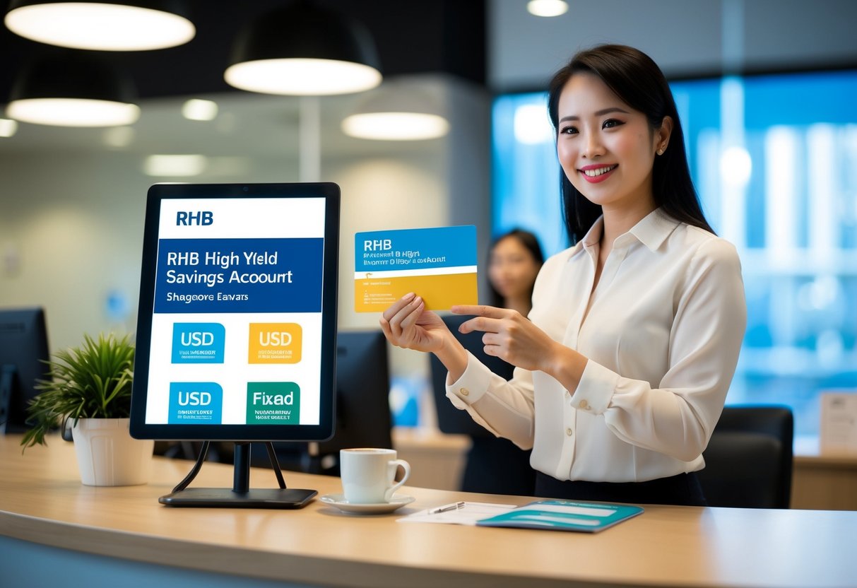 A bank teller presenting promotional materials for RHB High Yield Savings Account and USD fixed deposit in a Singapore branch