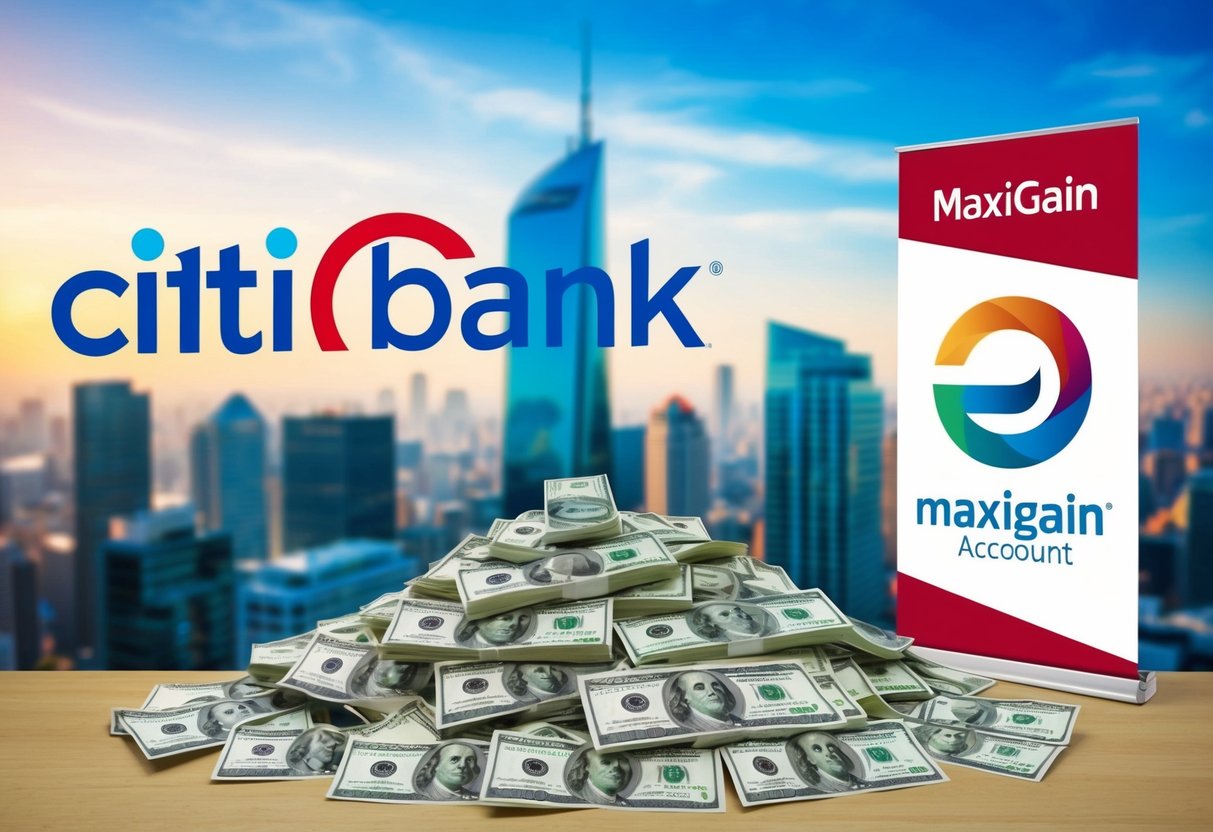 A vibrant cityscape with the iconic Citibank logo prominently displayed, alongside images of a growing pile of USD banknotes and a promotional banner for the MaxiGain Account