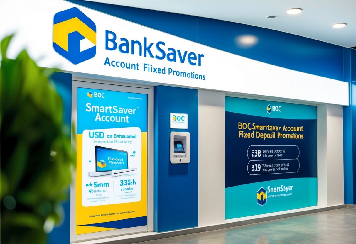 A bright, modern bank branch with a prominent display of BOC SmartSaver Account USD fixed deposit promotions in Singapore