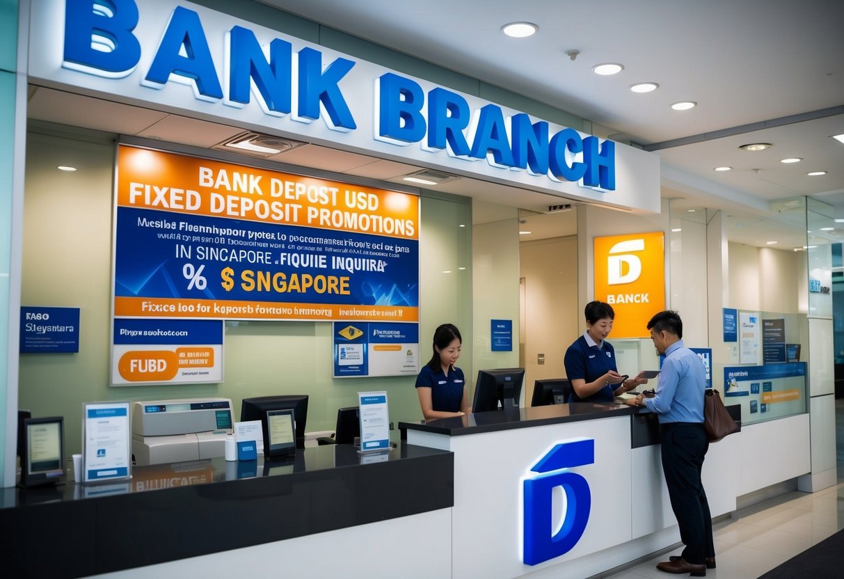 A bank branch with a prominent display of USD Fixed Deposit promotions in Singapore. Customers inquire at the counter