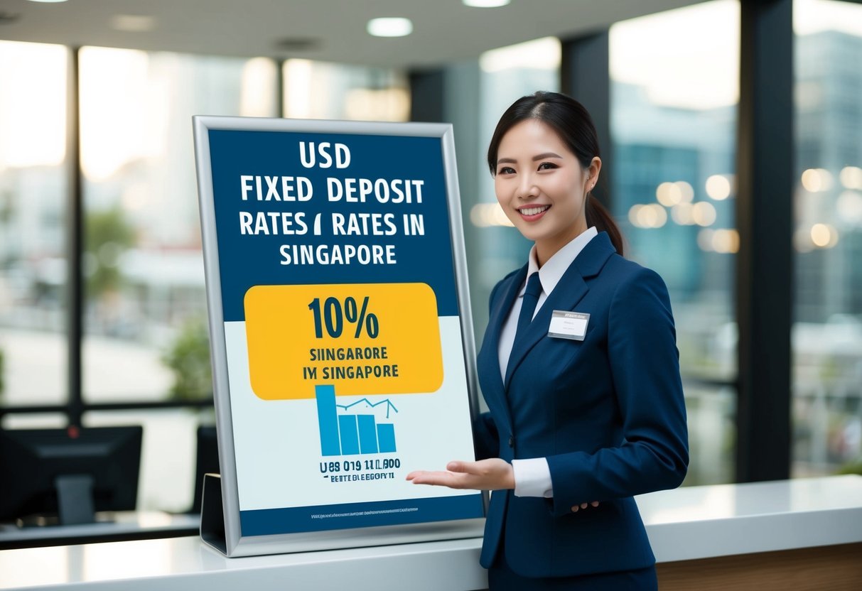 A bank teller presenting a promotional poster for USD fixed deposit rates in Singapore