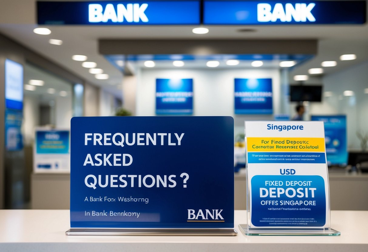 A bank branch with a prominent display of "Frequently Asked Questions" and promotional materials for USD fixed deposit offers in Singapore