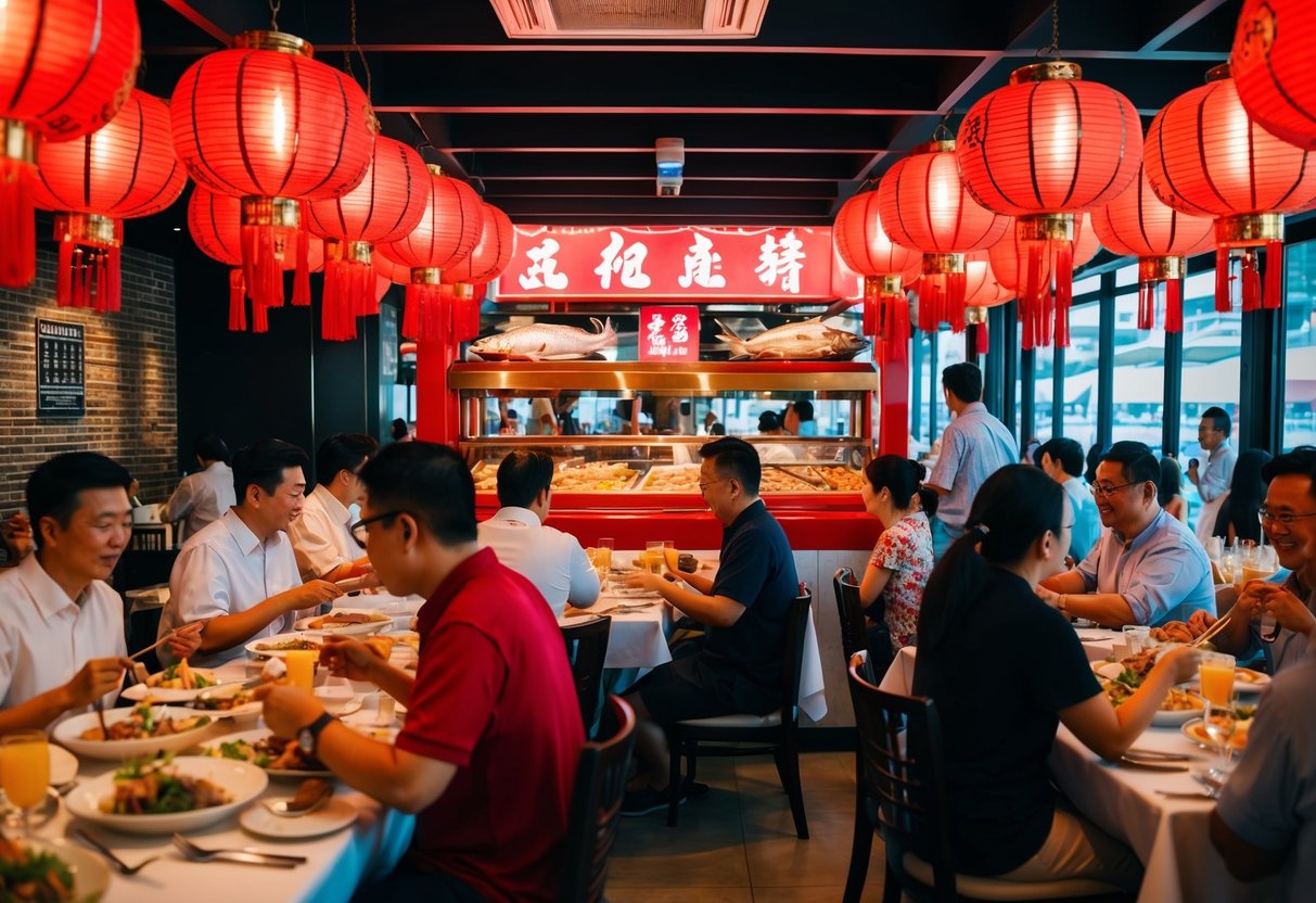 A bustling Chinese restaurant with red lanterns and a seafood display, surrounded by diners enjoying promotional dishes in Singapore