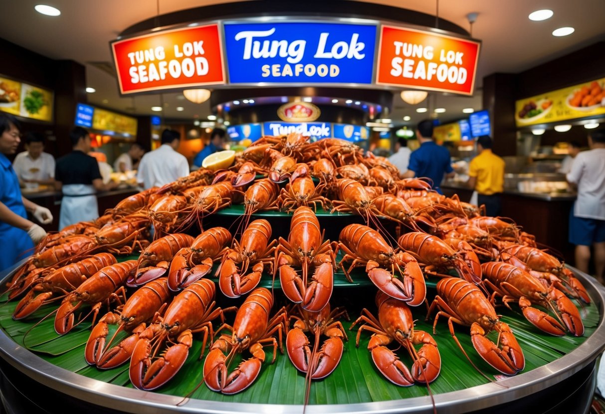 A grand display of lobsters at Tung Lok Seafood, with vibrant promotional signs and bustling activity in a Singapore restaurant