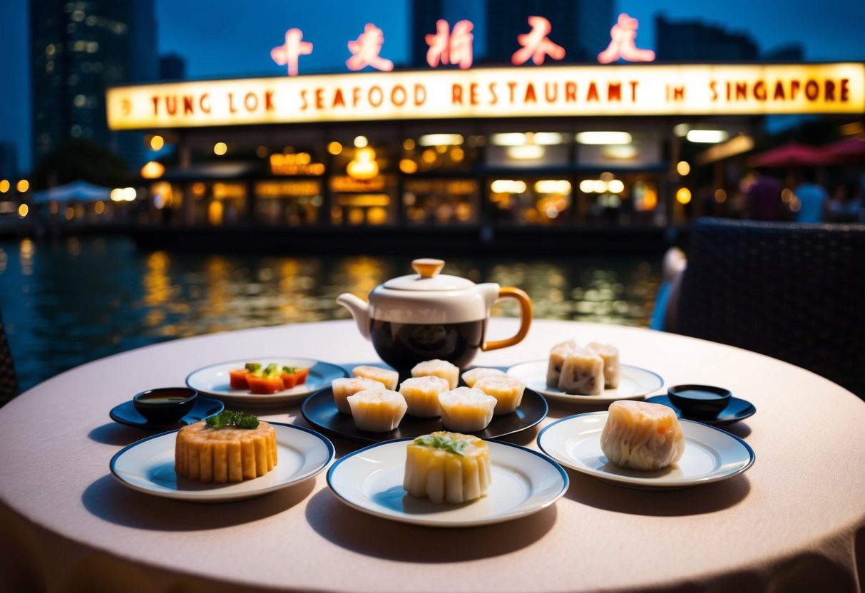 A table set with an assortment of dim sum and tea, with a backdrop of the Tung Lok Seafood restaurant in Singapore