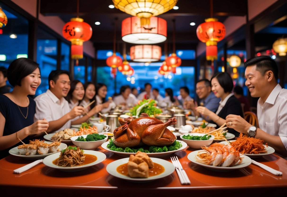 A bustling Chinese restaurant with a vibrant atmosphere, featuring a table spread with succulent Peking Duck and other seafood delights, surrounded by happy diners