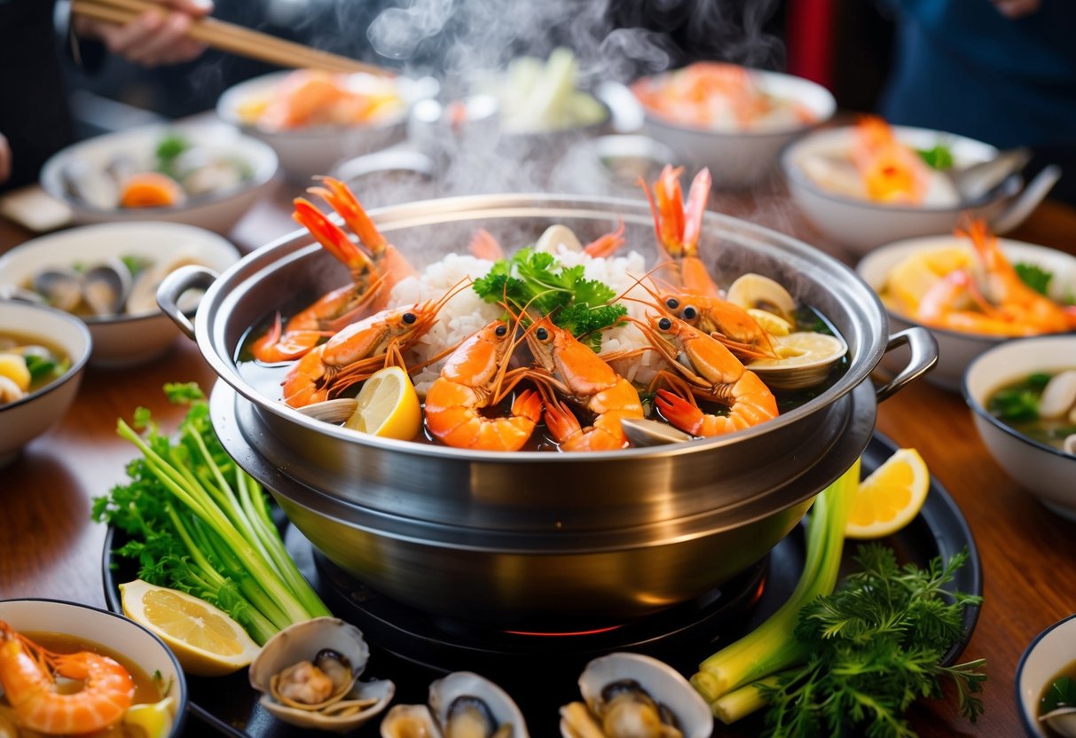 A steaming seafood hotpot brimming with prawns, clams, and fish, surrounded by vibrant vegetables and fragrant herbs, set on a table in a bustling Chinese restaurant