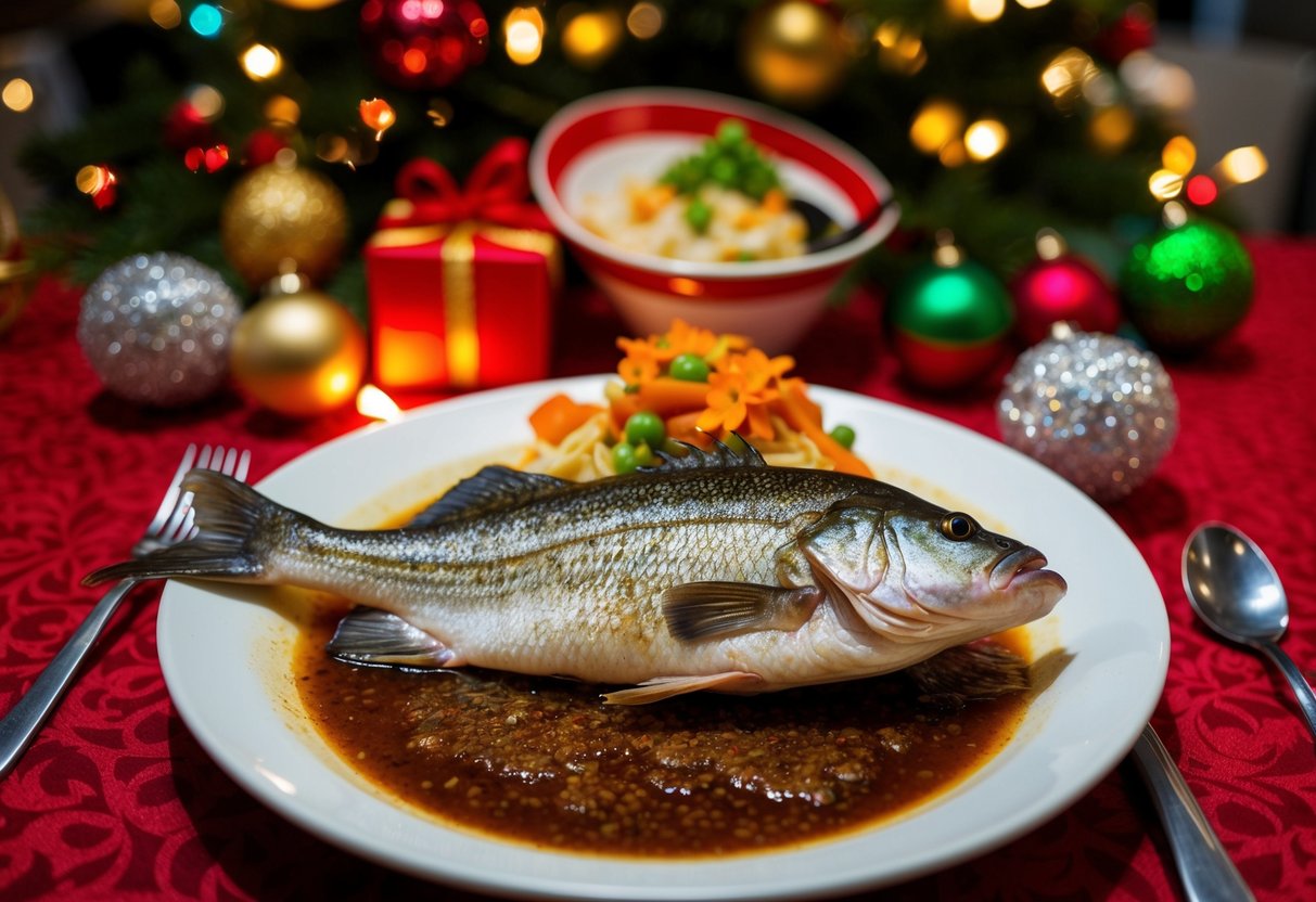 A table set with sizzling seabass, surrounded by festive decorations at Tung Lok Seafood in Singapore