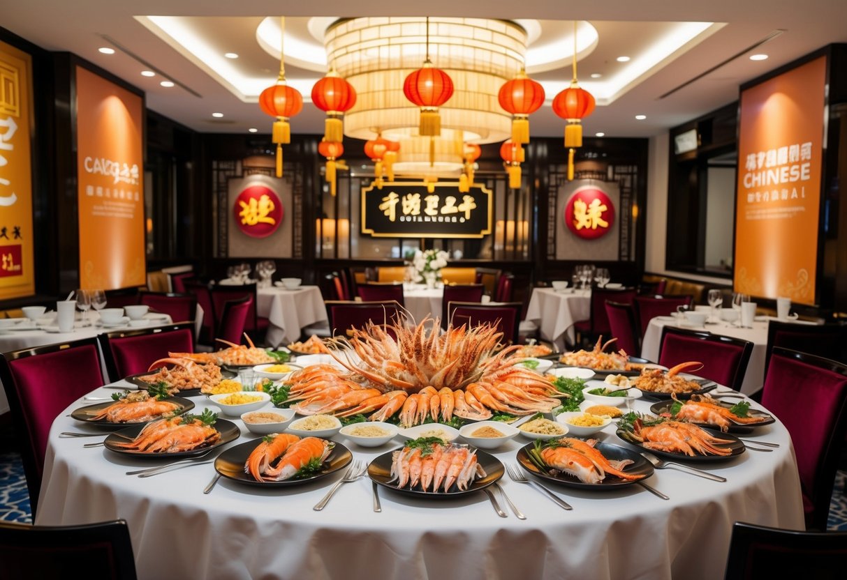 A lavish seafood feast spread out on a table, surrounded by elegant Chinese restaurant decor and promotional signage