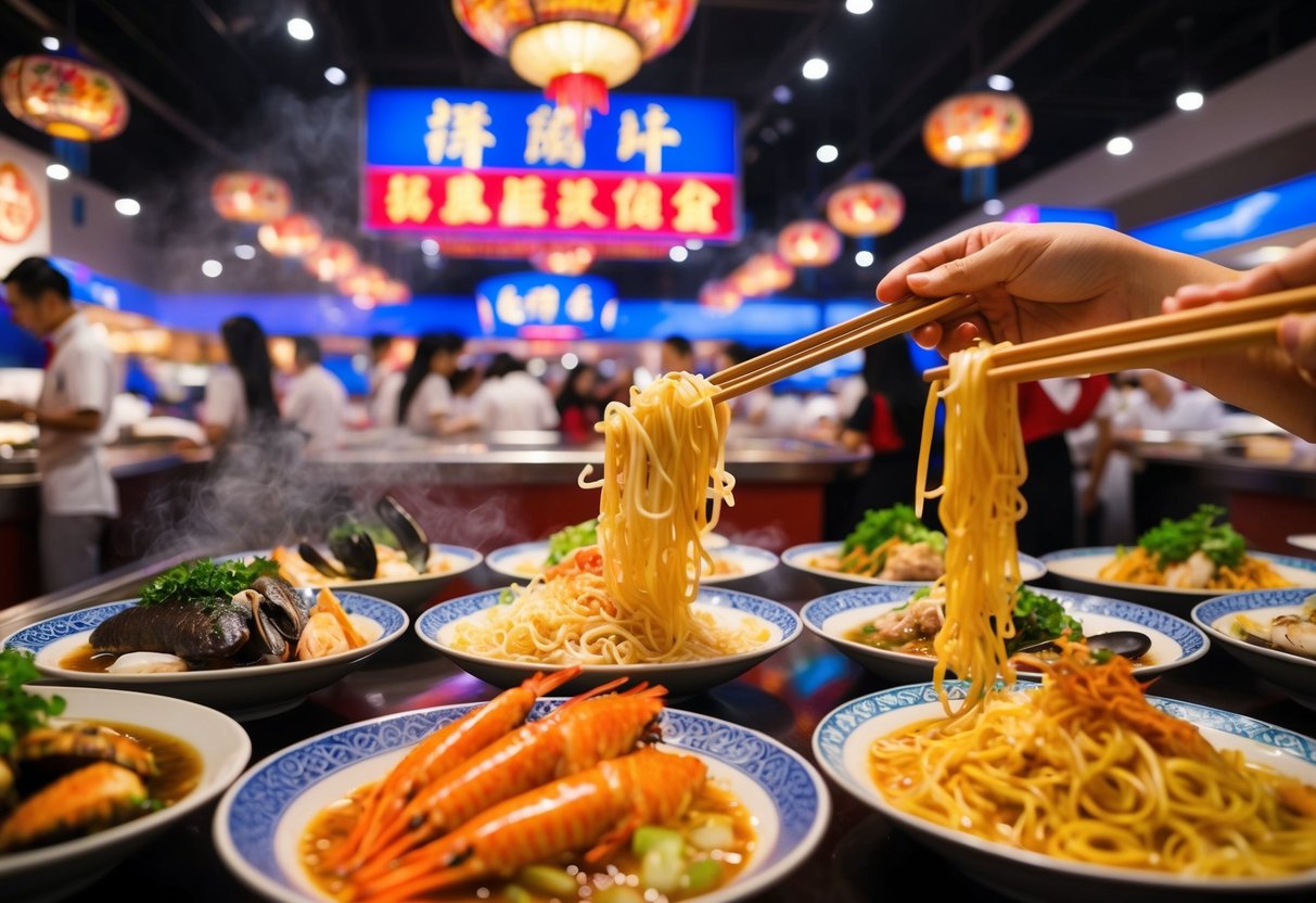 A bustling seafood gala with steaming noodles and vibrant Chinese restaurant promotions in Singapore