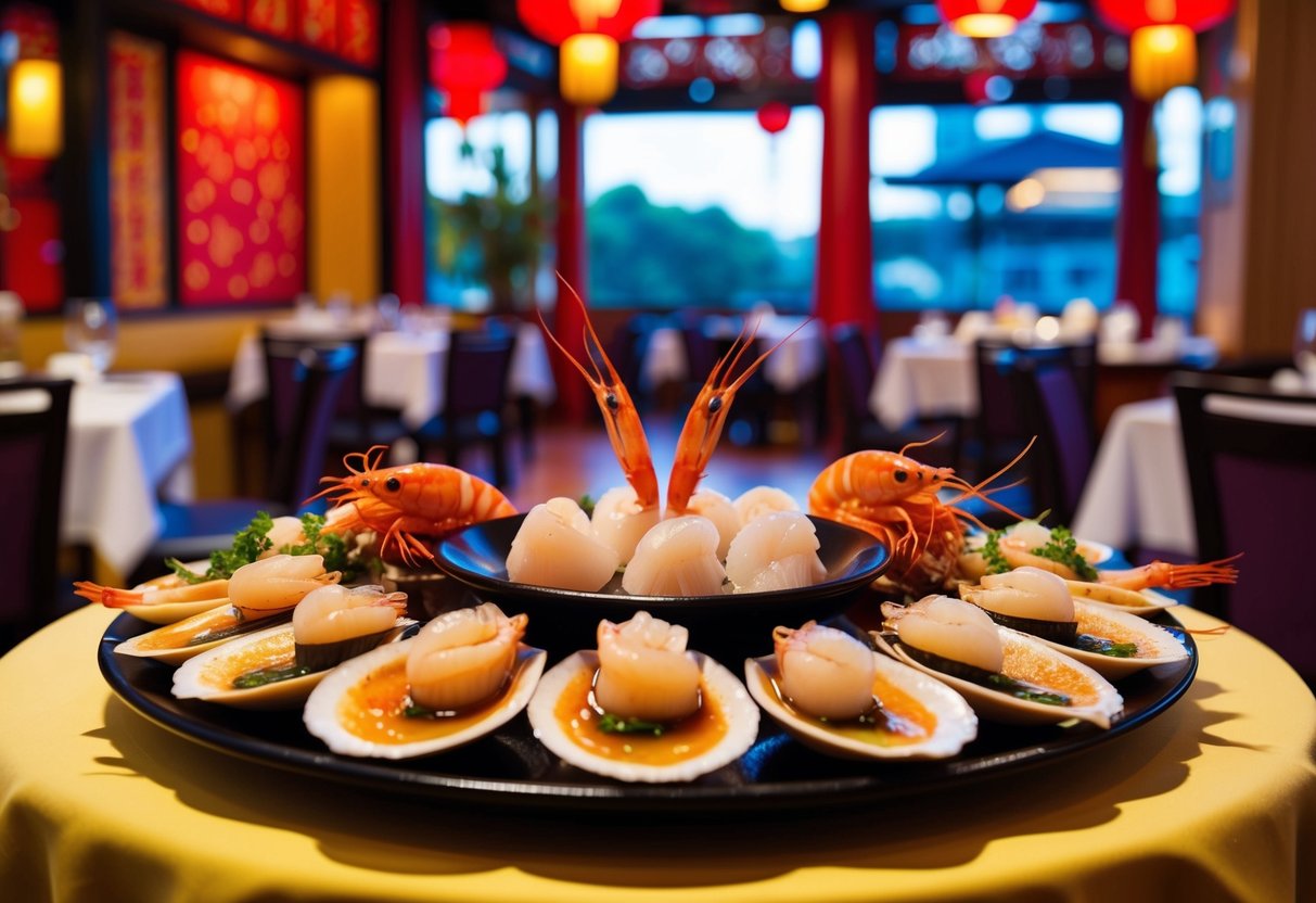 A table set with a variety of fresh scallops and prawns, surrounded by vibrant Chinese restaurant decor in Singapore