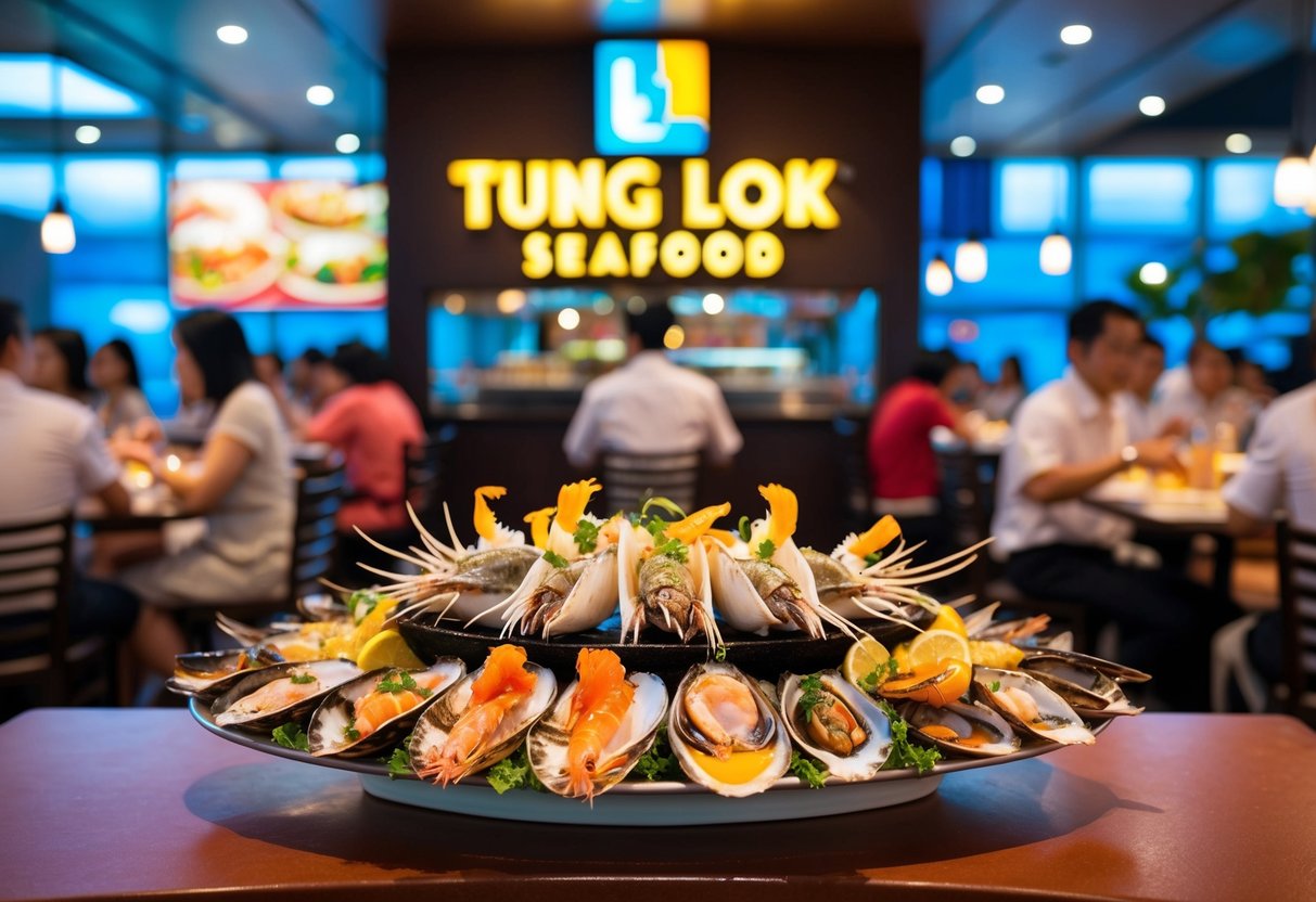 A lavish seafood platter from Tung Lok Seafood, featuring an array of shellfish and other delicacies, set against the backdrop of a bustling Singapore restaurant