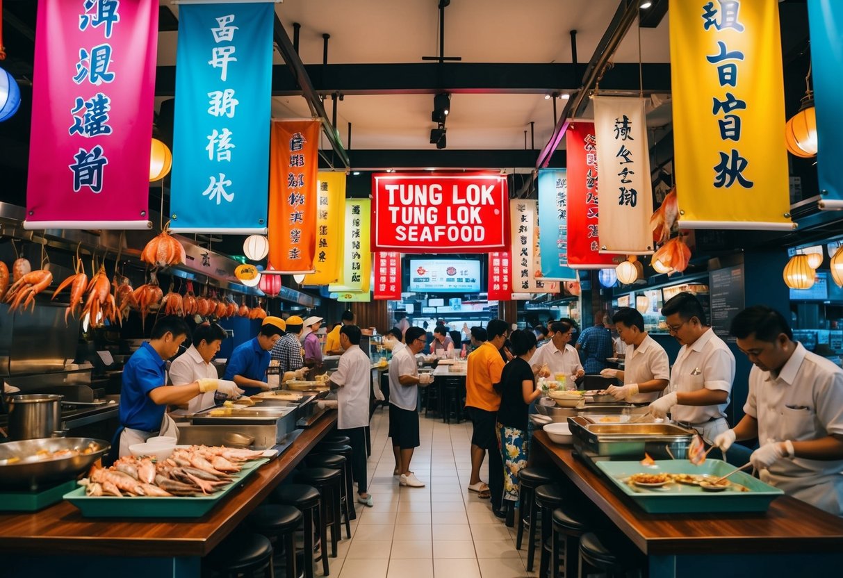 A bustling seafood restaurant in Singapore with colorful banners and a lively atmosphere, showcasing the rich history of Tung Lok Seafood