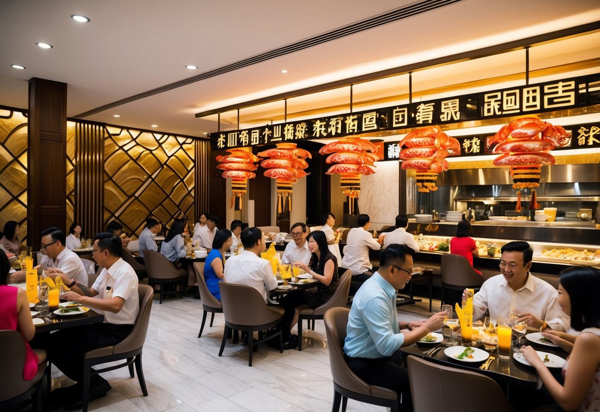 A bustling Chinese seafood restaurant in Singapore, with elegant decor and diners enjoying unique dining promotions at Tung Lok Seafood