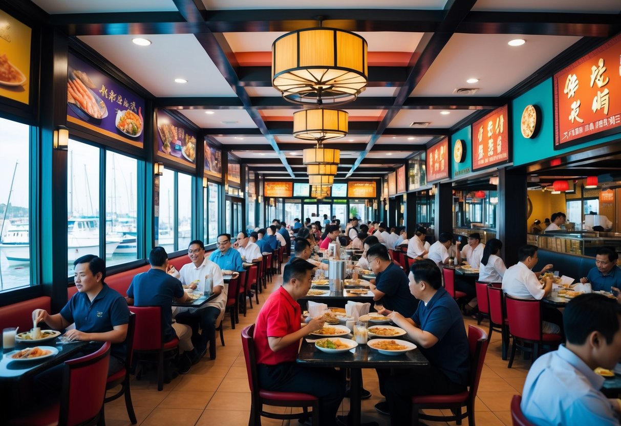 A bustling Chinese restaurant with vibrant decor, customers enjoying seafood dishes, and promotional banners displayed throughout the dining area