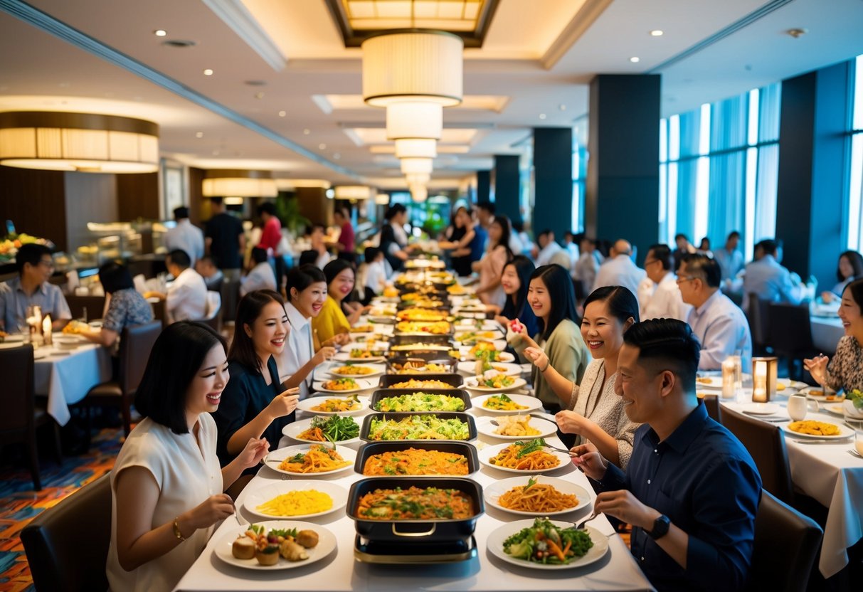 A bustling hotel restaurant filled with colorful dishes and cheerful patrons enjoying the buffet promotions at Trader Hotel (Hotel Jen Tanglin) in Singapore