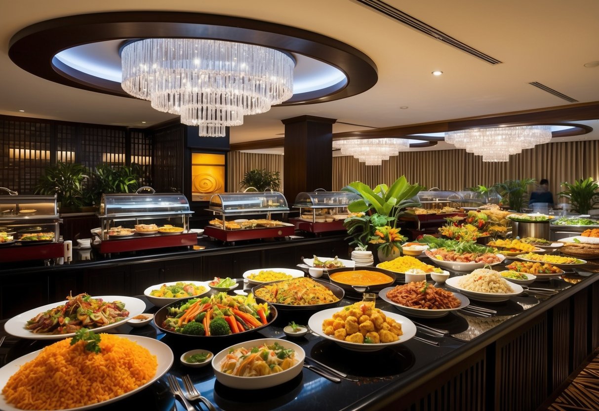 A bustling hotel dining room filled with colorful Asian dishes and vibrant decor, showcasing the promotional buffet at Hotel Jen Tanglin in Singapore