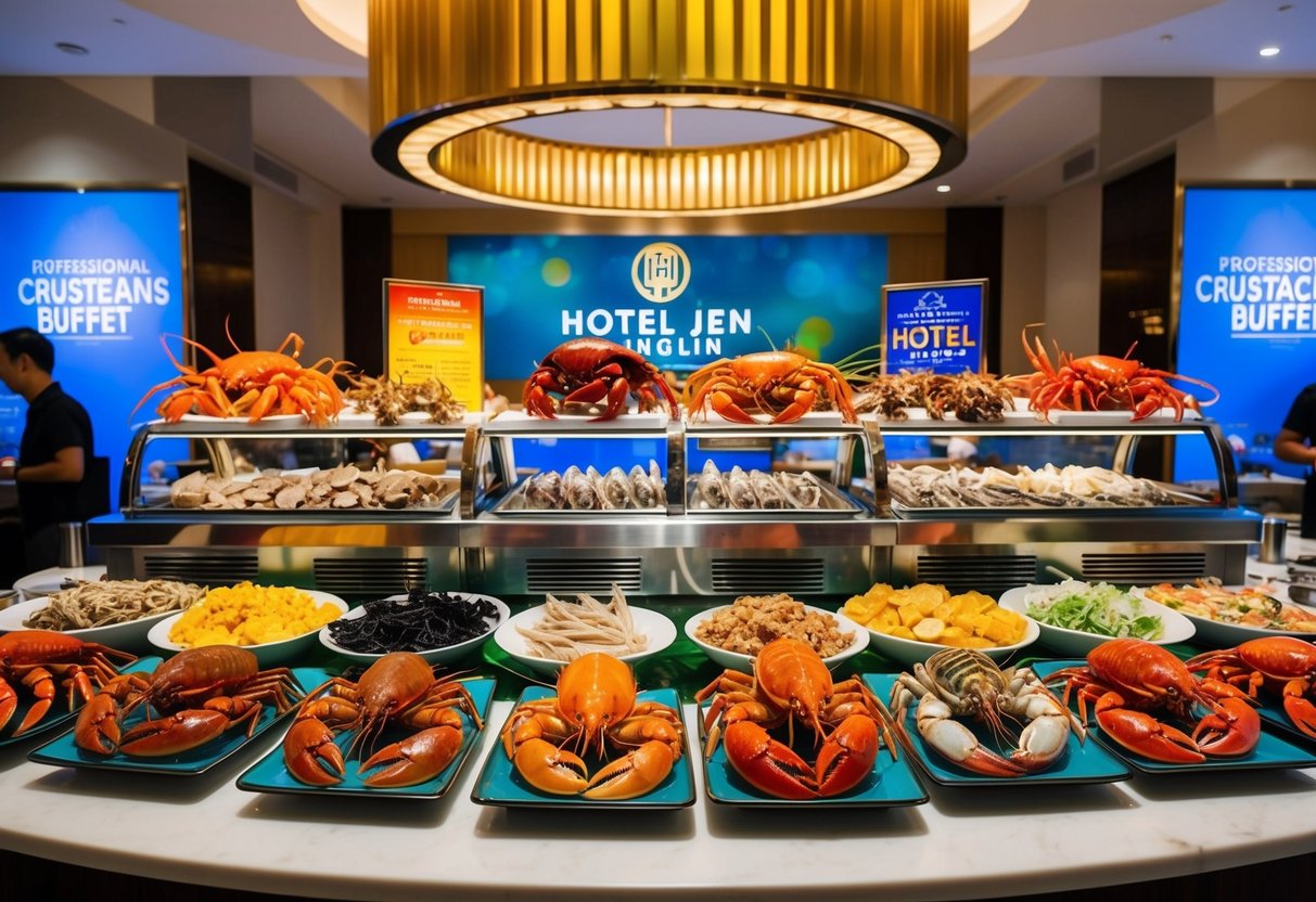 A vibrant buffet display of various crustaceans at Hotel Jen Tanglin, Singapore, with colorful promotional signage and a bustling atmosphere