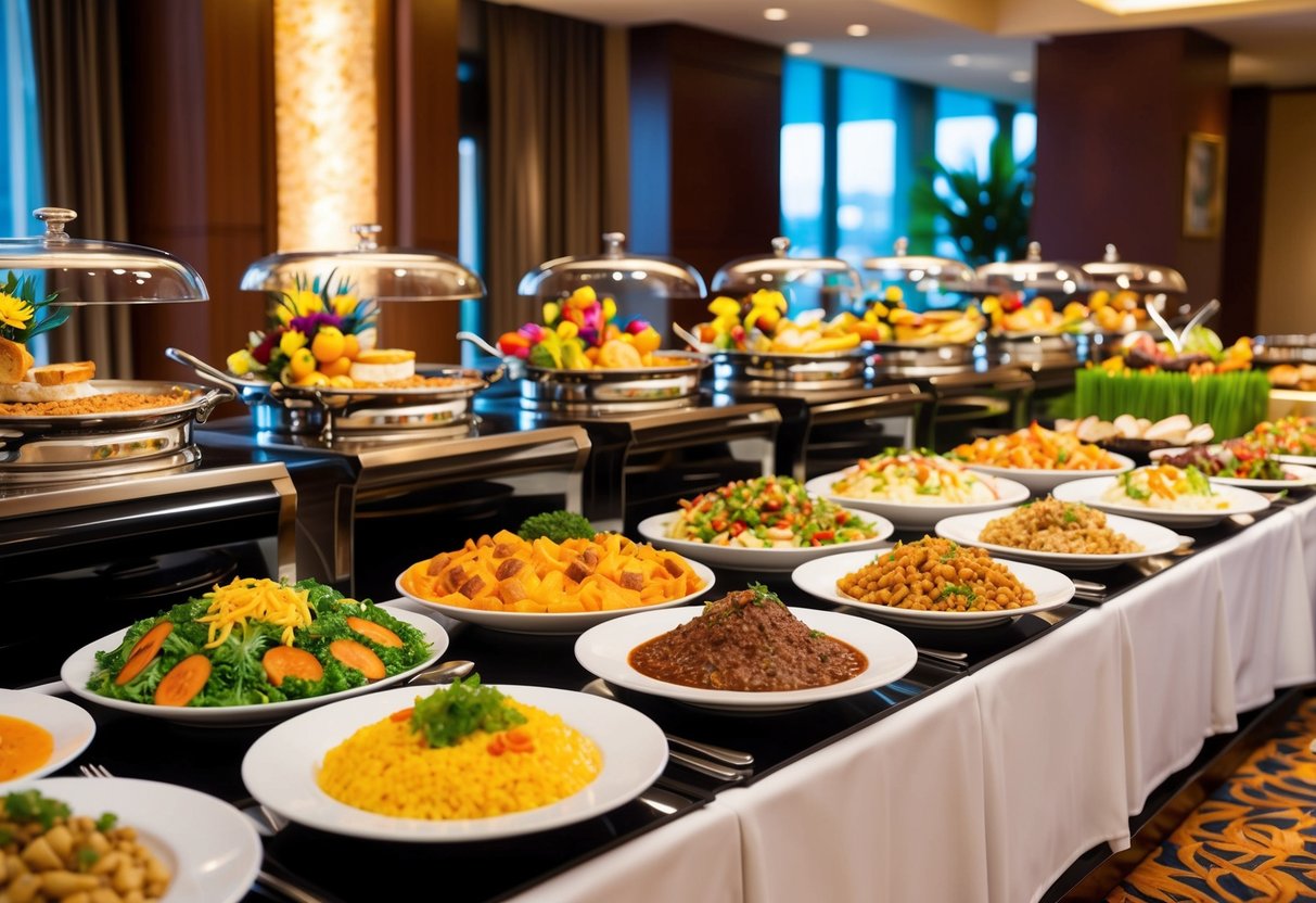 A vibrant display of global cuisine at an upscale hotel buffet, featuring a variety of international dishes and vibrant decor