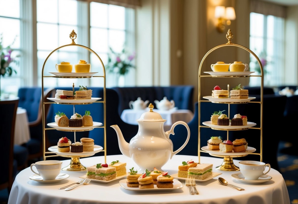 A lavish high tea set displayed on a table in a luxurious hotel setting with elegant teapots, tiered trays of pastries, and an assortment of finger sandwiches
