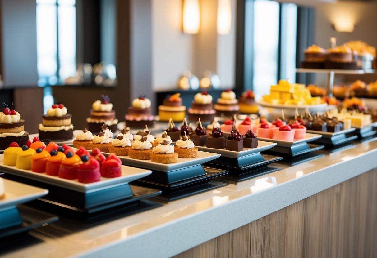 A colorful array of decadent desserts displayed on a buffet table in a modern hotel setting