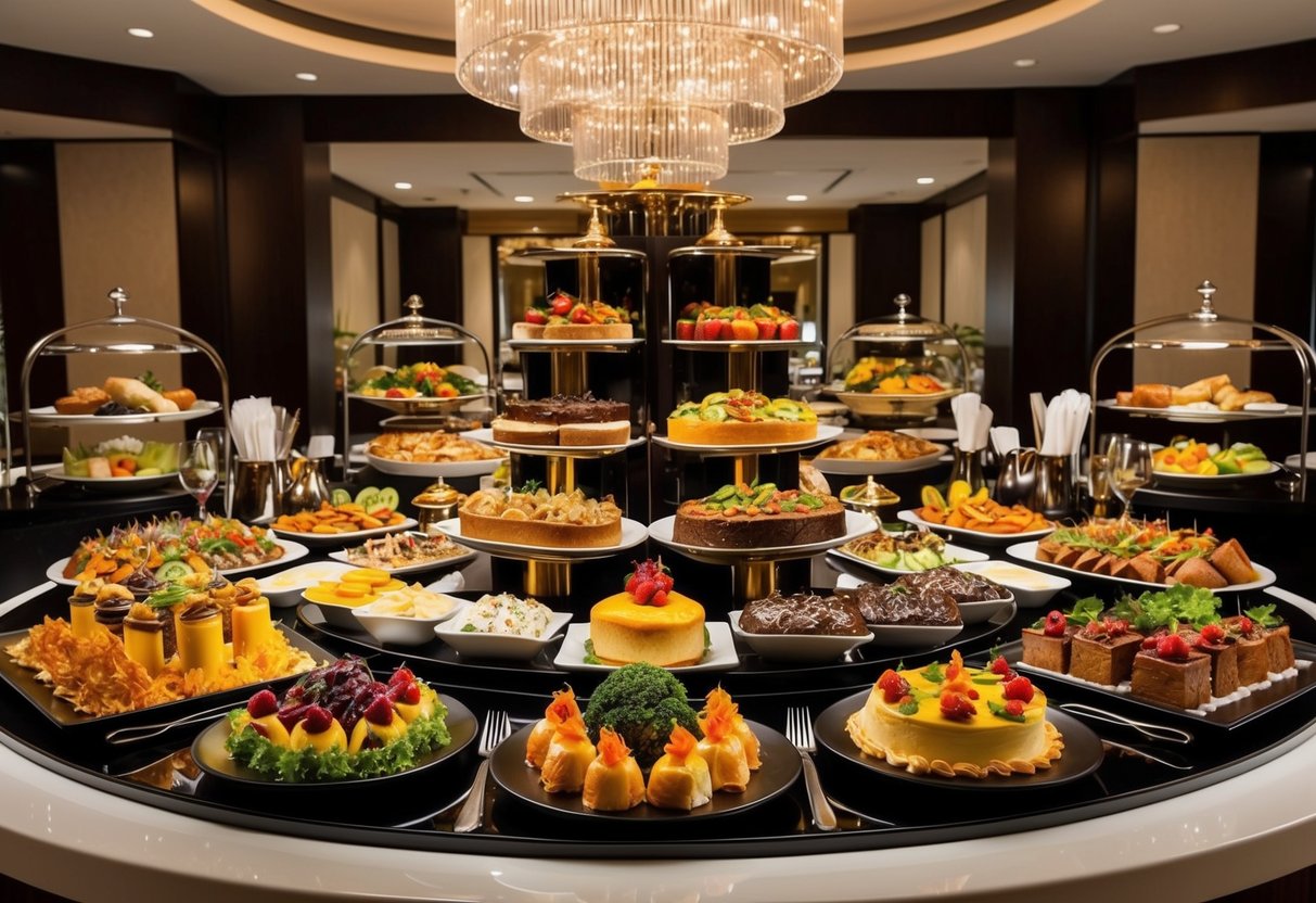 A grand display of international cuisines at Trader Hotel's lavish buffet promotions, featuring a colorful array of dishes and decadent desserts