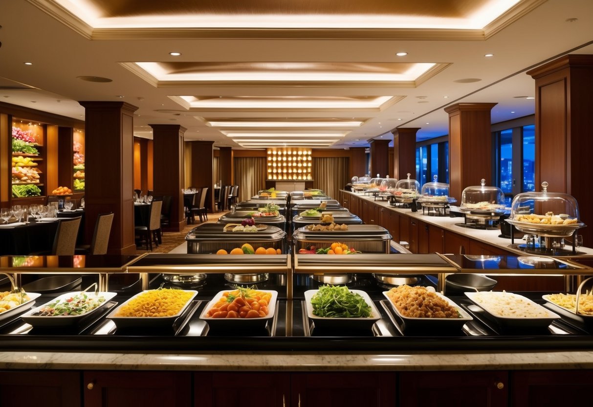 A bustling hotel buffet with colorful food displays, elegant table settings, and warm lighting creating a welcoming atmosphere
