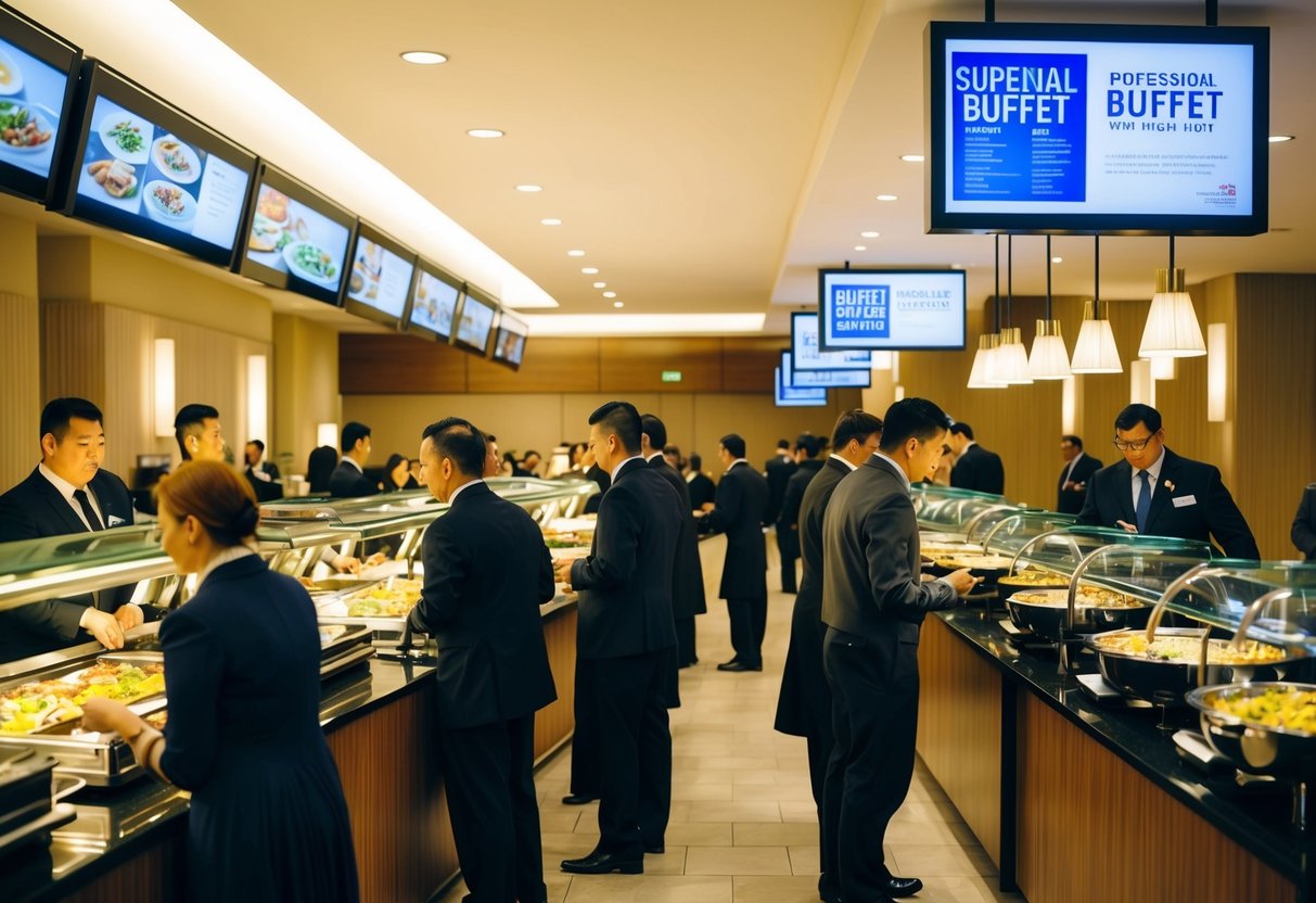A bustling hotel buffet with various food stations and a display of promotional signs. Customers queue and interact with staff