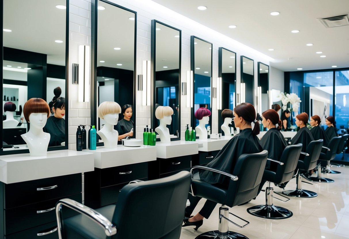 A stylish salon with sleek, modern decor and a vibrant atmosphere. Mannequins display trendy hairstyles and products on shelves. A team of stylists work with precision and creativity