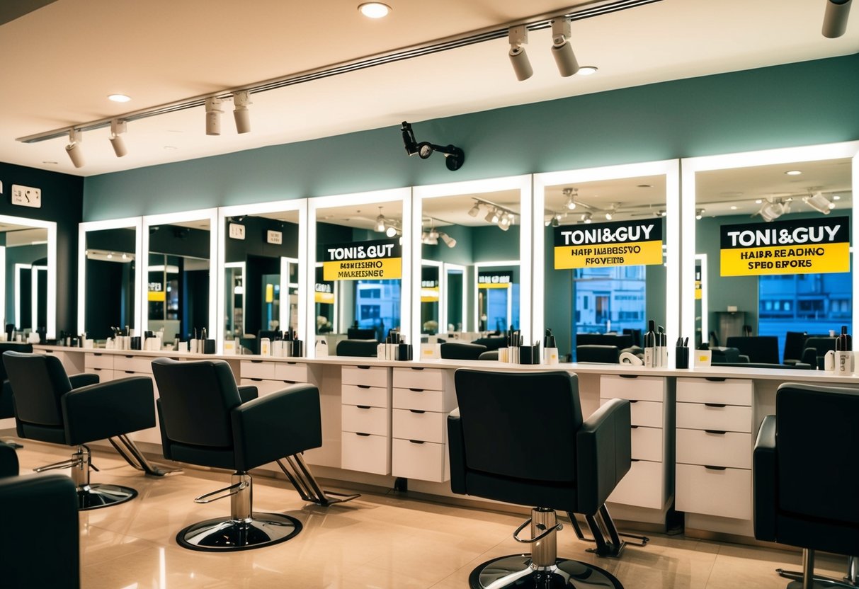 A bustling salon with bright lights and stylish decor, showcasing summer promotions for toni&guy hairdressing in Singapore