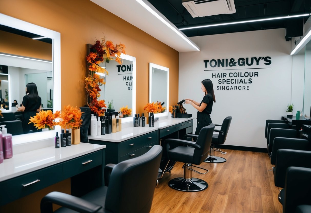 A salon interior with autumn-themed hair products and decor, a stylist at work, and a sign promoting Toni&Guy's hair colour specials in Singapore