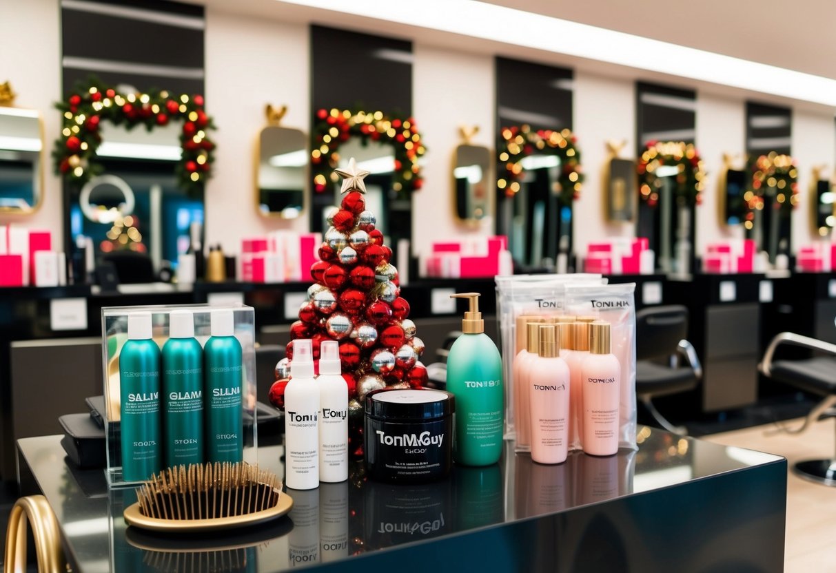 A festive salon setting with Christmas decorations, hair products, and a display of glam packages at toni&guy in Singapore