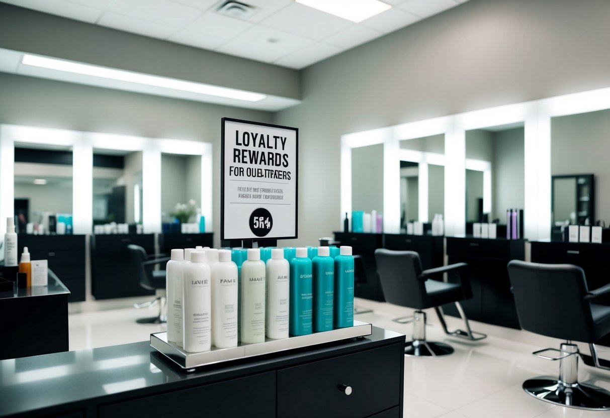 A salon interior with a sleek, modern design. A display of hair products and a sign promoting loyalty rewards for regular customers