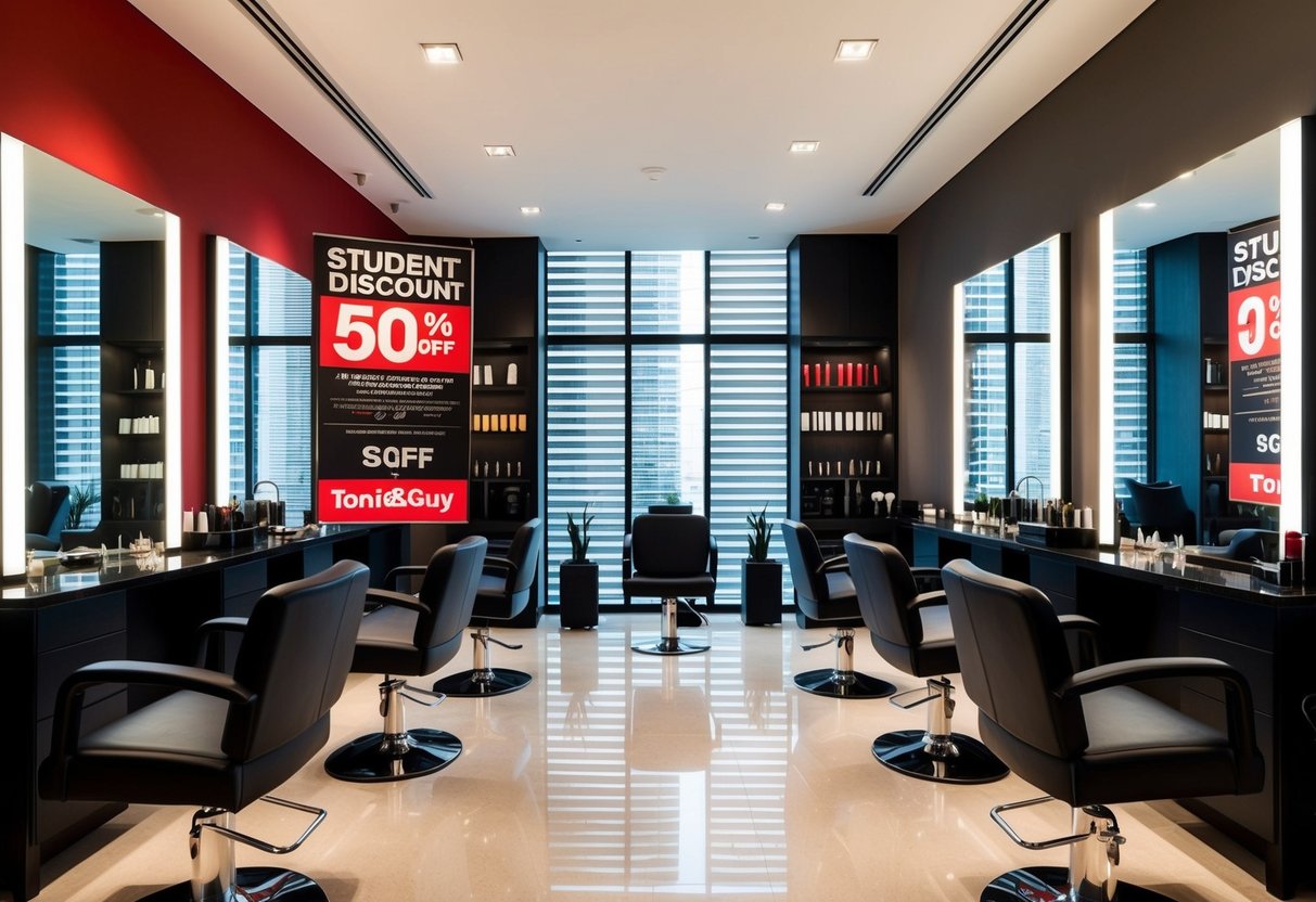 A stylish salon interior with modern decor and a prominent display of student discount promotions at toni&guy in Singapore