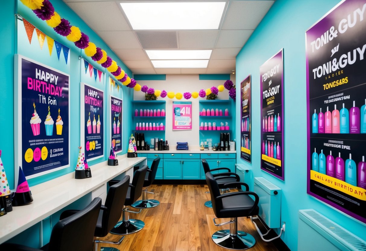 A vibrant salon interior with birthday-themed decor and Toni&Guy hairdressing promotion posters displayed prominently