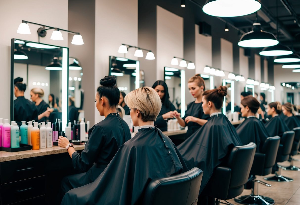 A crowded salon with bright lights, hair products on display, and customers receiving haircuts and treatments