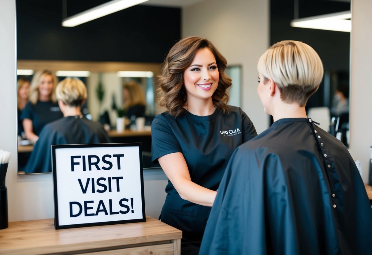 A stylist welcoming a client into a modern hair salon with a sign promoting first visit deals