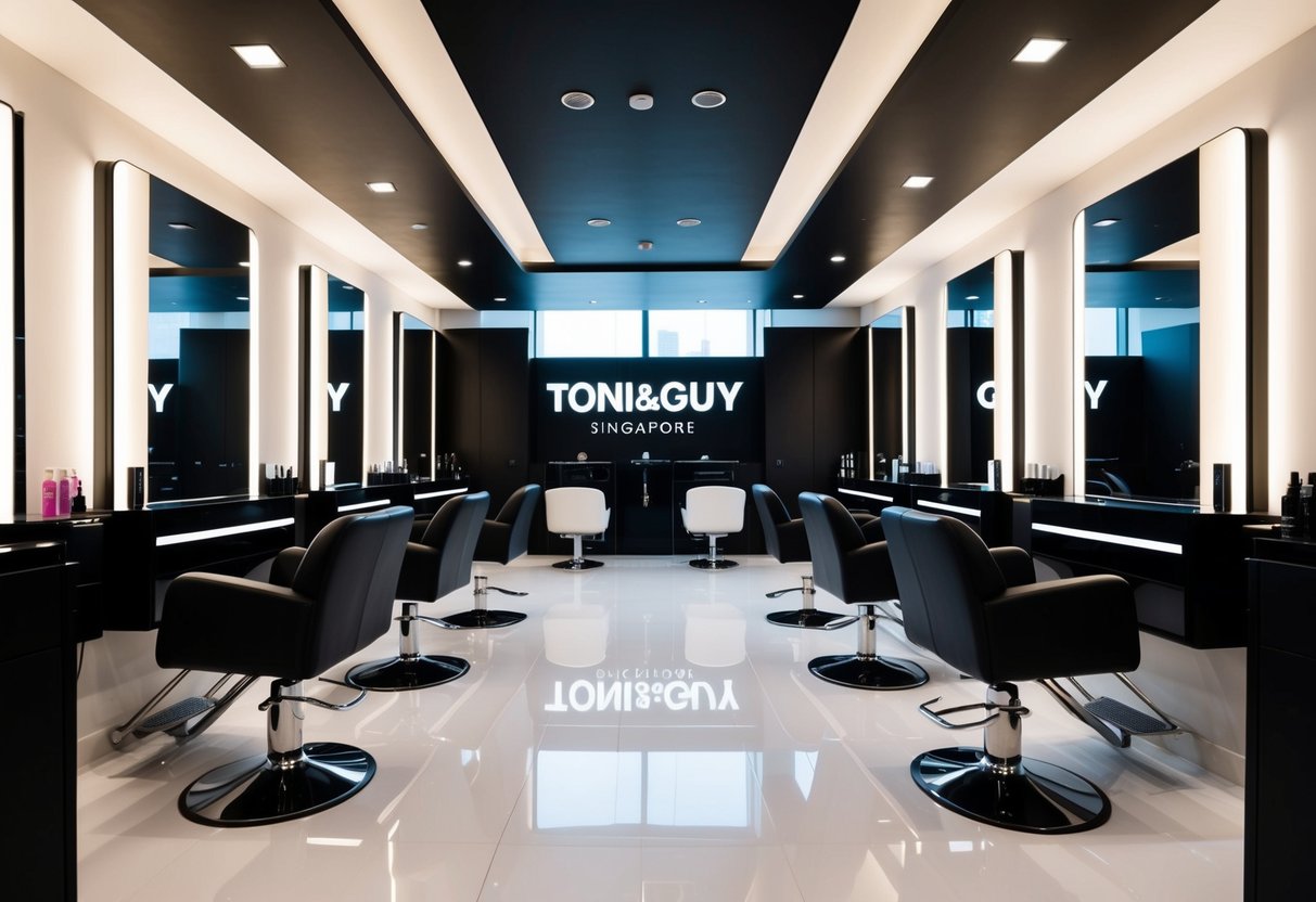 A bustling salon with sleek, modern decor and stylish hairdressing stations. Bright promotional signage for toni&guy Singapore displayed prominently