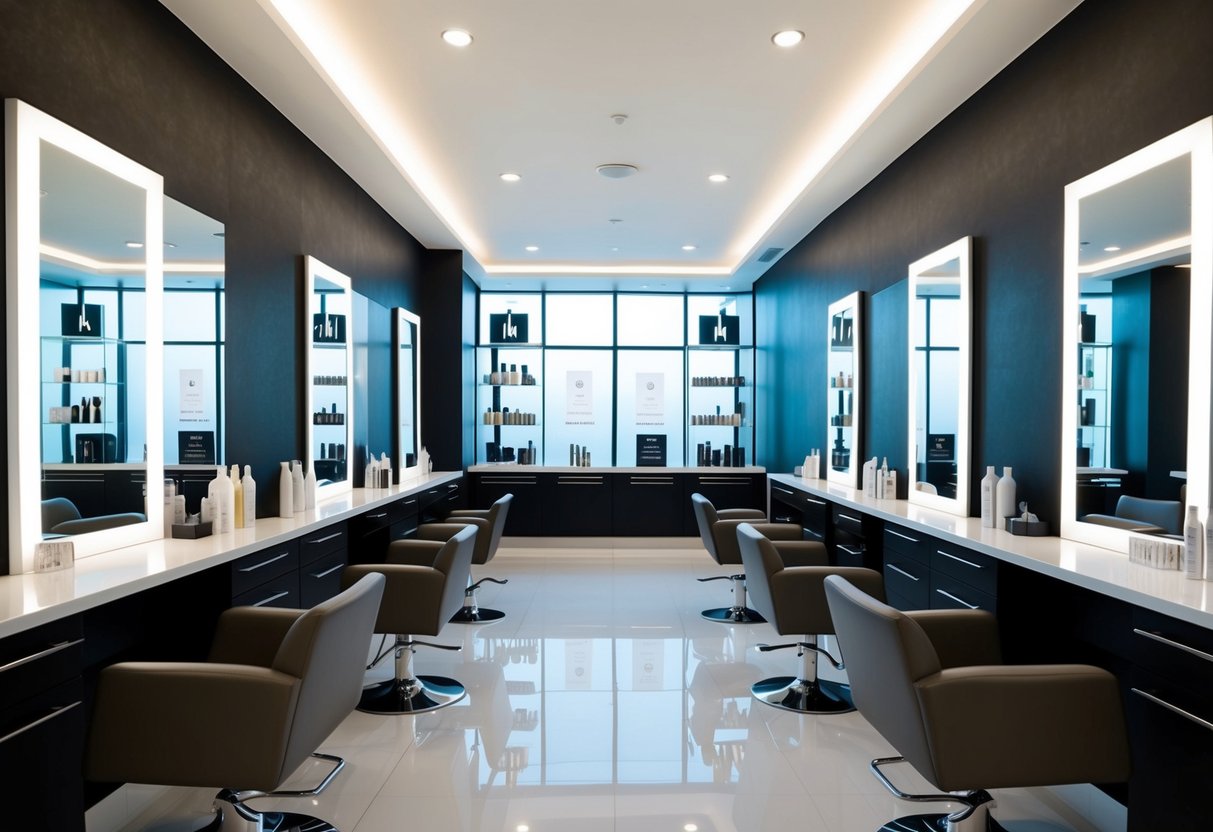 A sleek, modern hair salon with bright lighting and stylish decor. Product displays and promotional materials are visible throughout the space