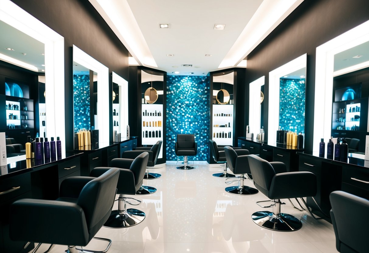 A sleek, modern salon interior with chic decor and stylish hair products on display. Bright lighting and comfortable seating create an inviting atmosphere