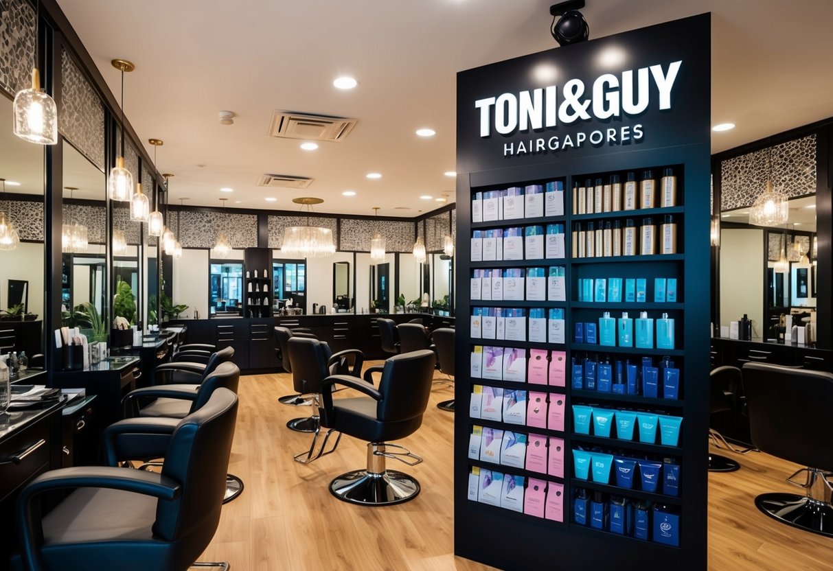 A bustling salon with stylish decor and a display of promotional materials for toni&guy hairdressing services in Singapore