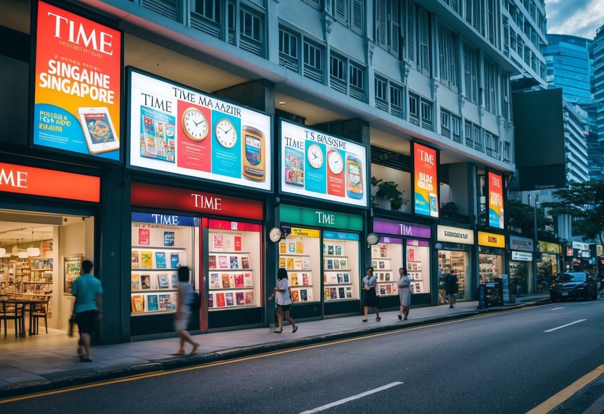 A bustling street in Singapore with colorful Time Magazine promotions displayed in storefronts and on billboards