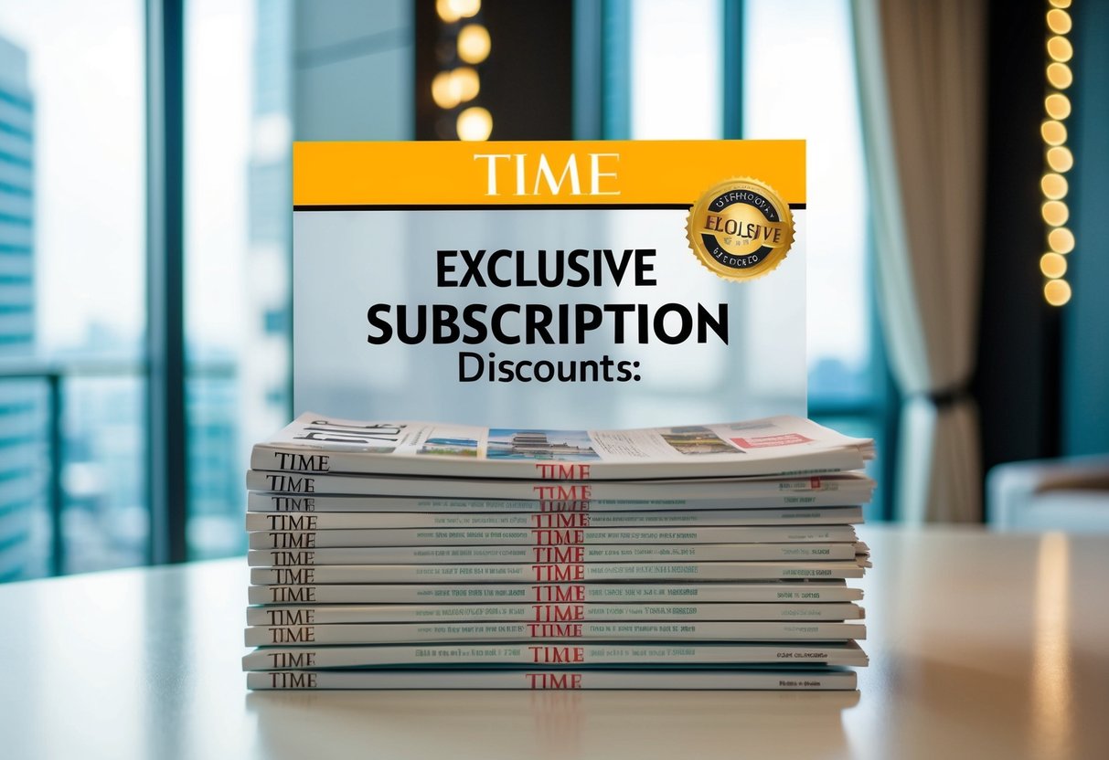 A stack of Time magazines with a banner advertising exclusive subscription discounts in a Singaporean setting