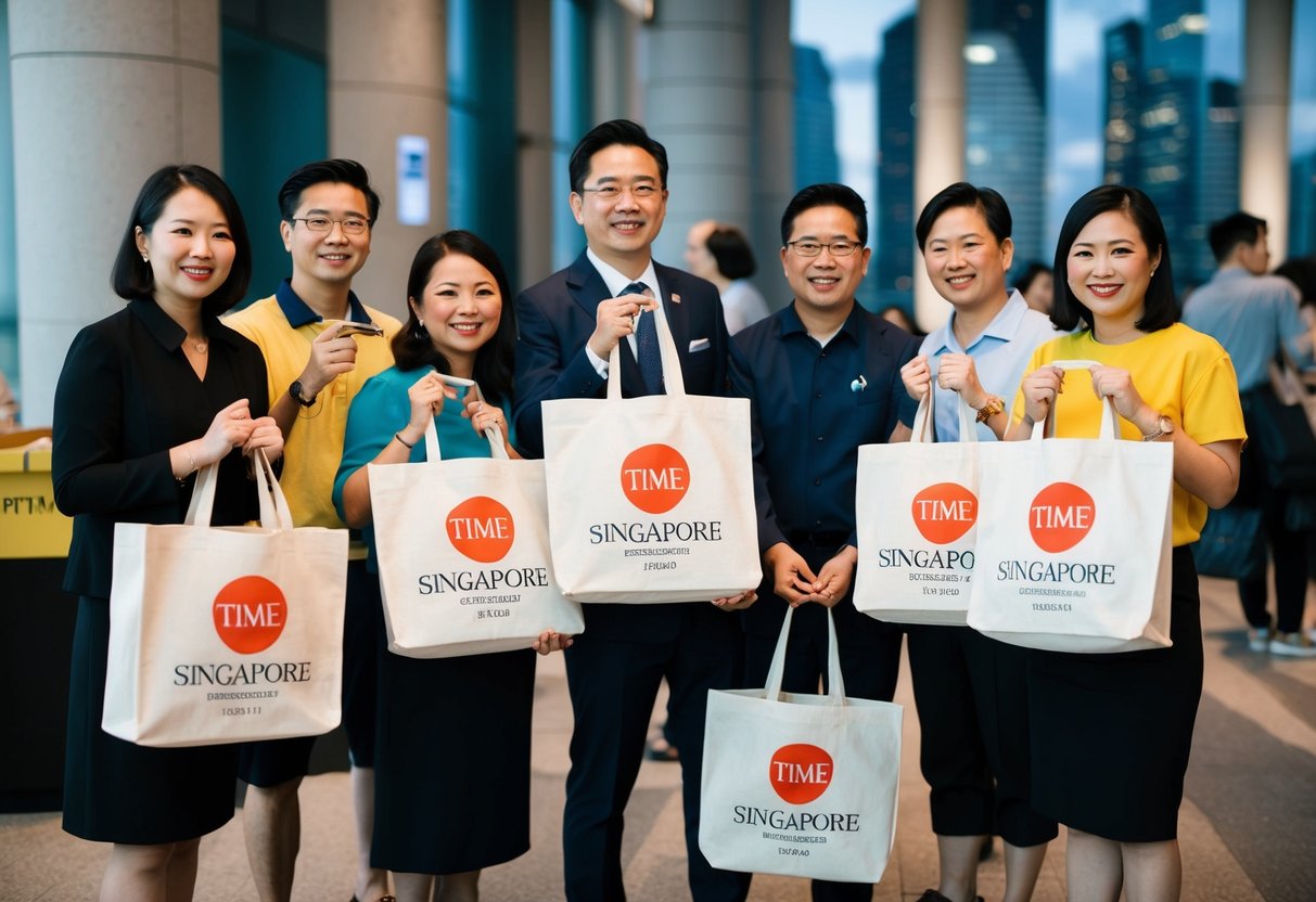 A group of people in Singapore receiving complimentary Tote Bags as part of a Time magazine promotion
