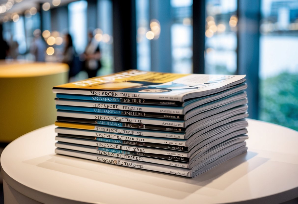 A stack of Limited Edition Time magazines with Singapore-themed covers displayed on a promotional table
