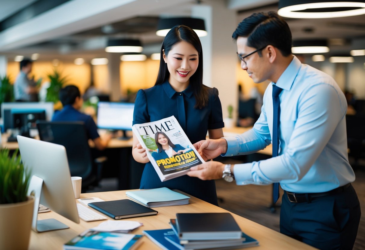 A customer service representative assisting a customer with a Time magazine promotion in a bustling Singapore office