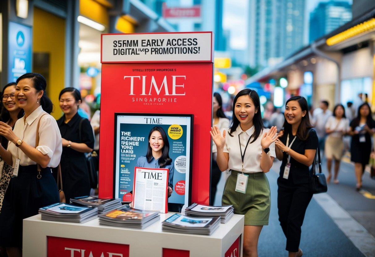 A bustling Singapore street with a prominent Time magazine display, surrounded by excited customers taking advantage of early access digital editions promotions