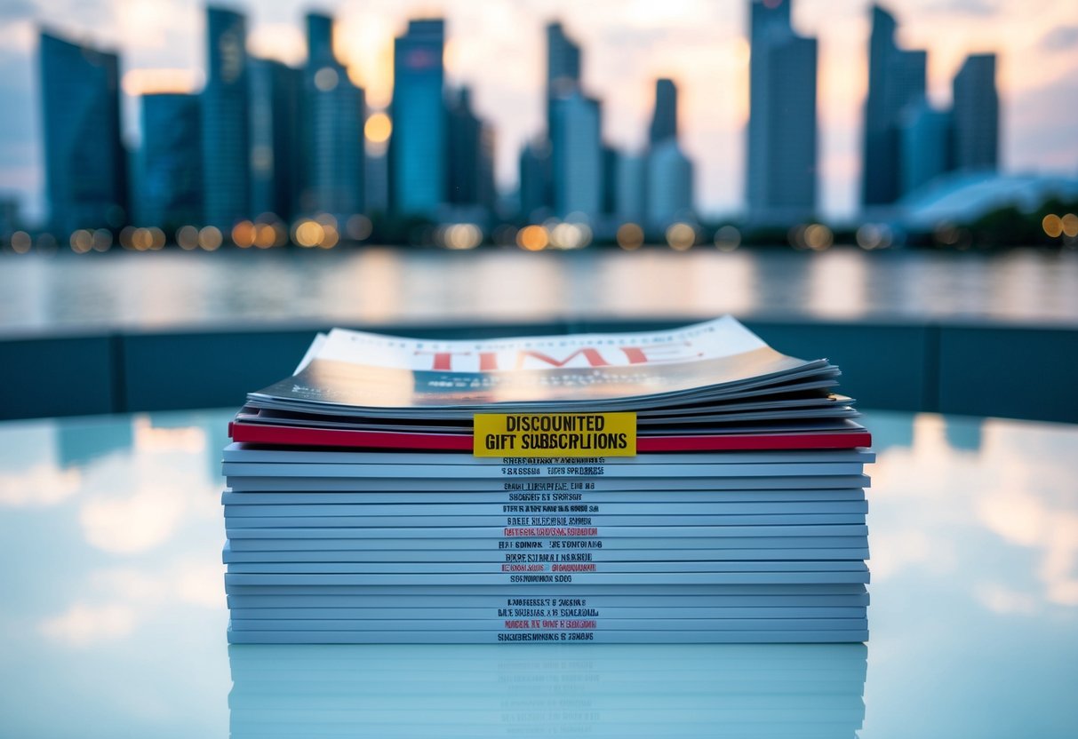 A stack of Time magazines with a "Discounted Gift Subscriptions" promotion sticker, set against the backdrop of the Singapore skyline
